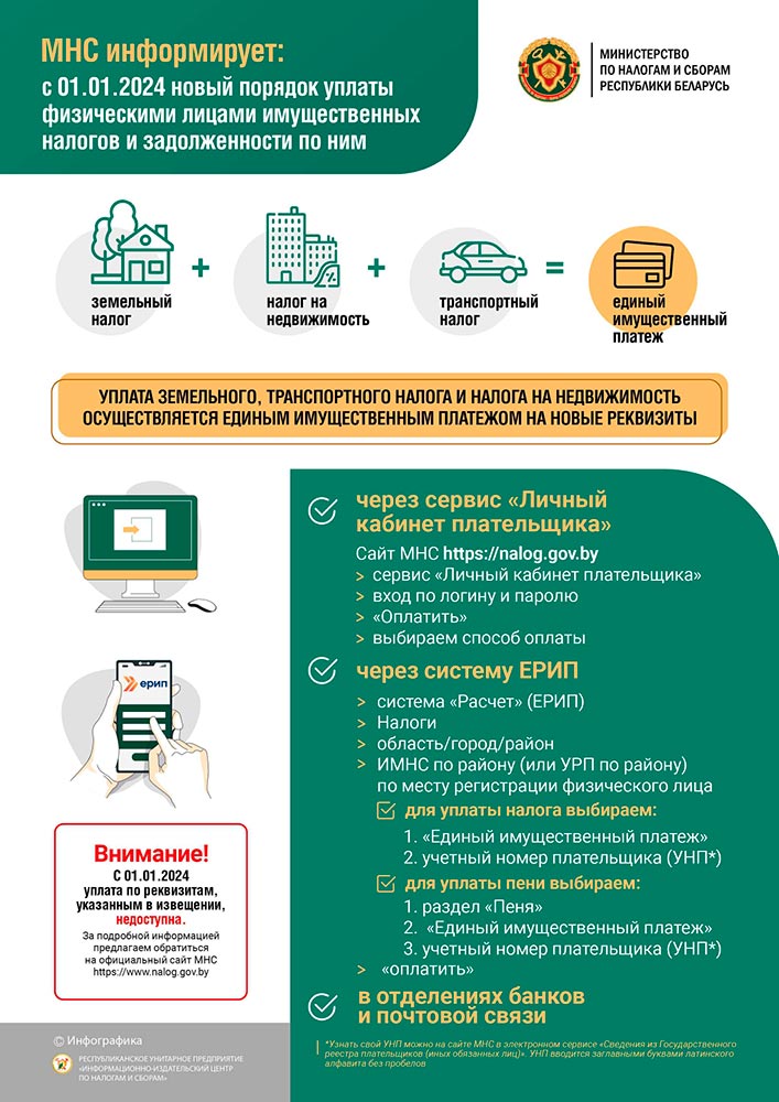 МНС информирует: с 01.01.2024 новый порядок уплаты физическими лицами имущественных налогов и задолженности по ним